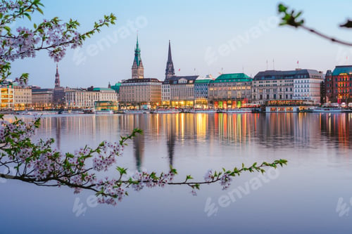 Preview: Beautiful panoramic view of calm Alster river with Hamburg town hall - Rathaus behind the buildings