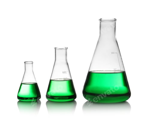 Preview: Conical flasks with green liquid on white background