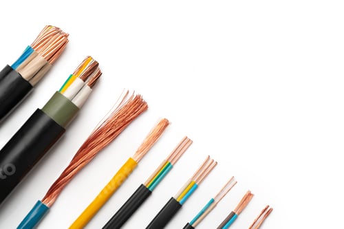 Preview: Various Electrical Wires With Exposed Copper Strands on White Background