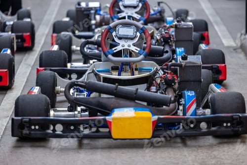 Preview: Race go kart car in row on the pit lane, Racing kart wait for race, Go kart.