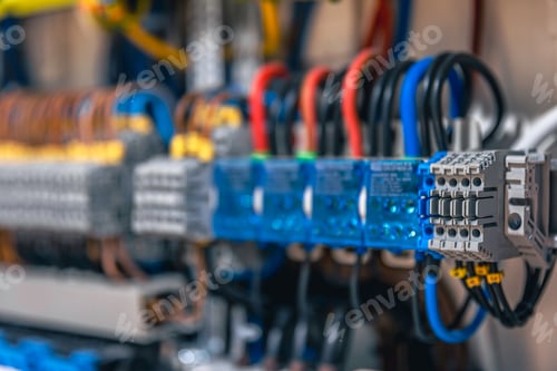 Preview: Electrical panel with fuses and contactors, close-up.