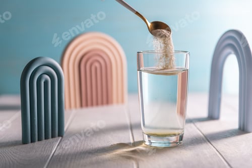 Preview: matcha Collagen powder in glass of water, Healthy and anti-age concept. creative