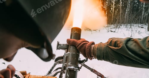 Preview: Close-up View On Re-enactors Dressed As American Infantry Soldiers Fire From Mortar. Usa Army