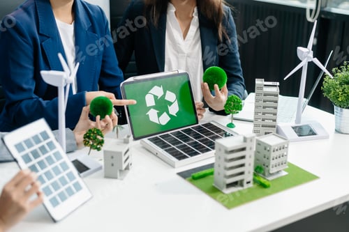 Preview: business team people planning and discussing on recycle reduce reuse policy symbol
