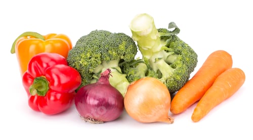 Preview: Fresh vegetables: brocolli, bell peppers, carrot, onion isolated on white background