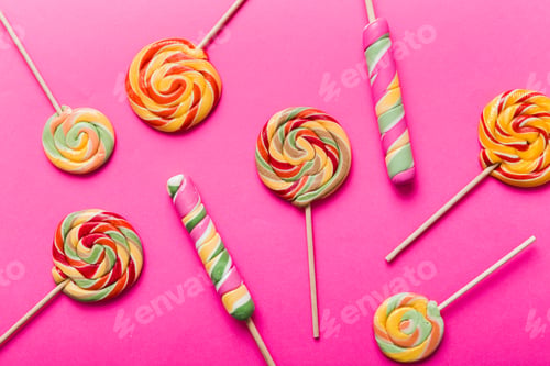 Preview: Set of colorful lollipops on colored background. Summer concept. Party Happy Birthday