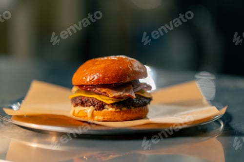 Preview: a Delicious fresh cheeseburger on plate with old grey background Fresh american kitchen