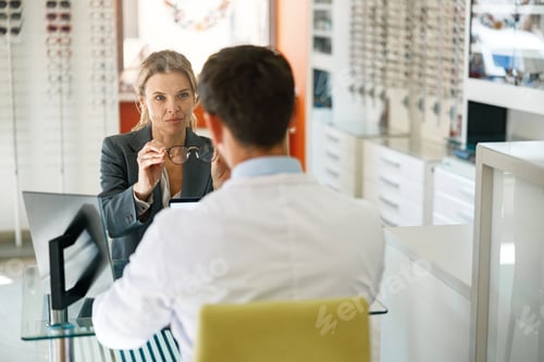 Preview: Ophthalmologist offers the client to replace the old spectacle frame with a modern one