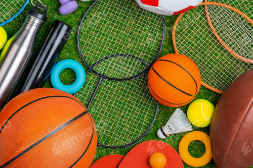 Preview: Composition of various sport equipment for fitness and games