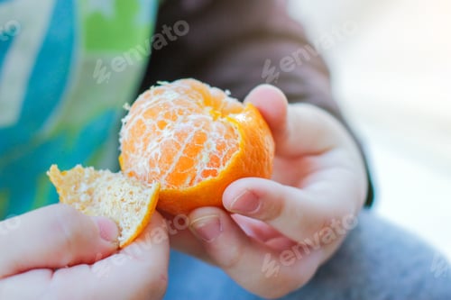 Preview: the child peels the skin from the tangerine to eat. healthy food, new year's mood