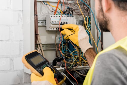 Preview: cropped image of electrician checking electrical box with multimetr in corridor