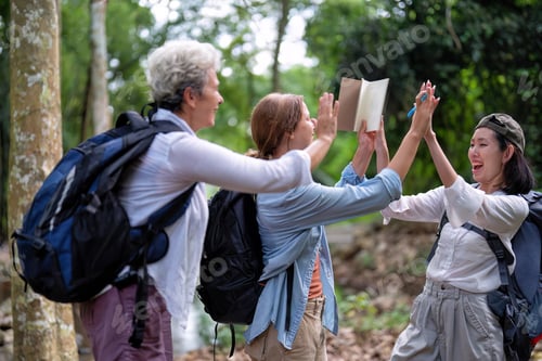 Preview: Backpack tourist travel outdoor adventure bird study using binoculars looking and record to book