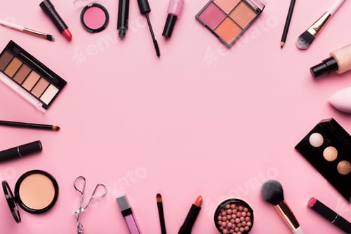 Preview: Frame of professional cosmetics and brushes around blank space
