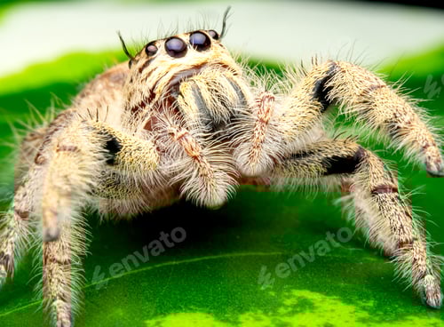 Preview: Wild female jumping spider with white and cream color look high vision and stay on green leaf.