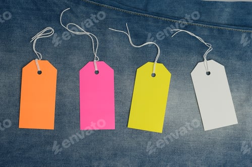 Preview: Blank rectangular cardboard colored tags on blue jeans background