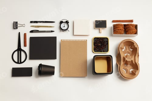 Preview: Mockup flat lay with different office accessories on white background