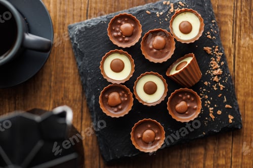 Preview: Sweet pralines. Chocolate truffles on wooden table. Top view.
