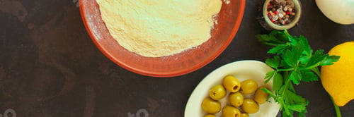 Preview: Set Ingredients Are Dough And Filling, Sauce (Flour, Olives, Greens, And More). Food Background