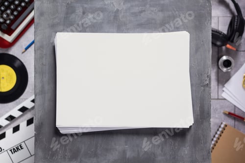 Preview: Empty sheet of paper and relax or creative concept design. Movie and screenwriter, composer concept