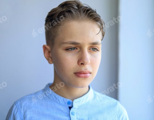 Preview: A handsome blond young man with gray eyes in a blue shirt looks thoughtfully out the window