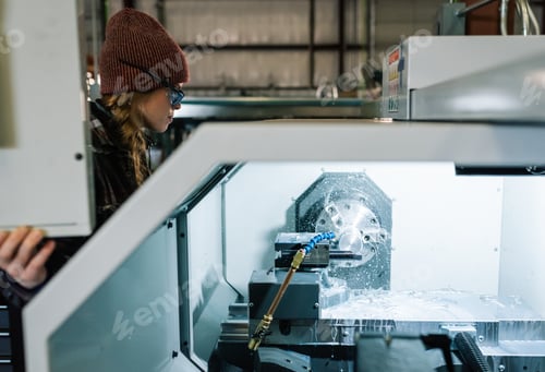 Preview: A female machinist operates a lathe in a workshop