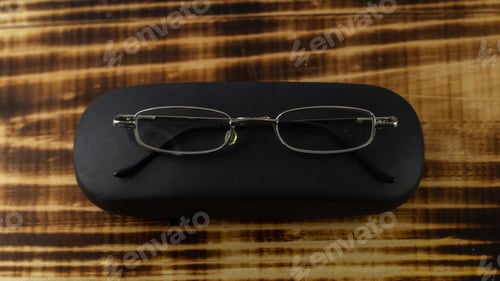 Preview: Shot of the eyeglasses with the case on a wooden base in a white background.