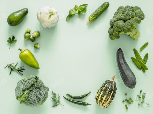 Preview: Green vegetables on green background, copy space