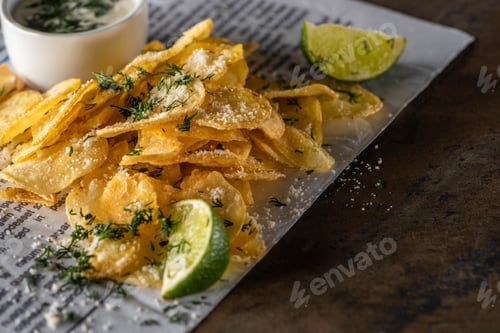 Preview: selective focus of potato chips with salt near sliced lime, garlic sauce and newspaper on marble