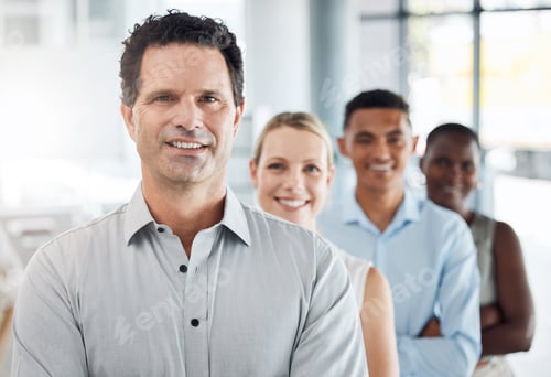 Preview: Portrait of a corporate manager and his team in a modern office after project planning or a meeting