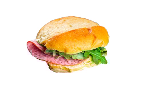 Preview: sandwich bun, sausage, salami, arugula, green lettuce cooking appetizer meal food snack on the table