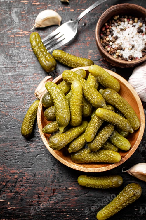 Preview: Homemade pickled cucumber on the table.