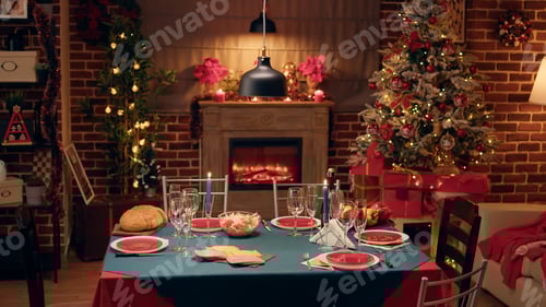Preview: Empty festive christmas dinner table inside decorated living room with holiday garlands