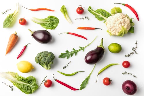 Preview: Top view of different uncooked vegetables isolated on white