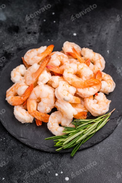 Preview: A plate of shrimp with a sprig of rosemary on top. The shrimp are arranged