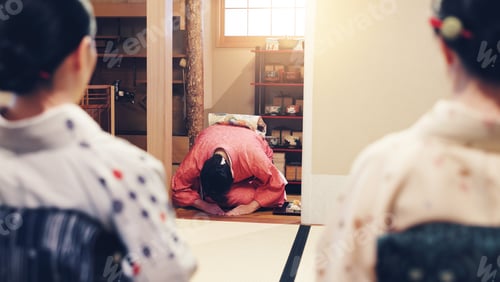 Preview: Tea room, hostess and women with ceremony, wellness and traditional kimono for culture. Welcome bow