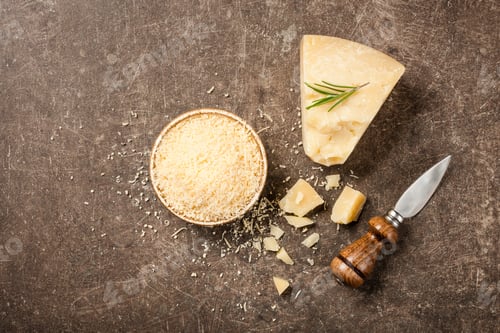 Preview: Sliced and grated parmesan cheese on stone table