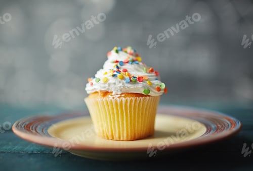 Preview: Colorful Sprinkled Cupcake on Plate for Festive Occasion