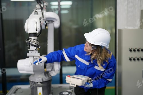 Preview: Robotic Arm engineer check on equipment in its with software of an Artificial Intelligence Computer