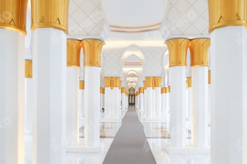 Preview: Grand Mosque Interior With White Marble Columns And Gold Accents