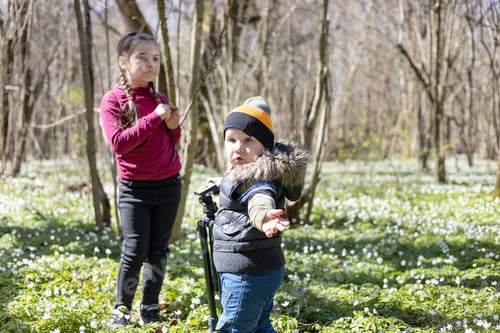Preview: little boy and girl play in the spring forest