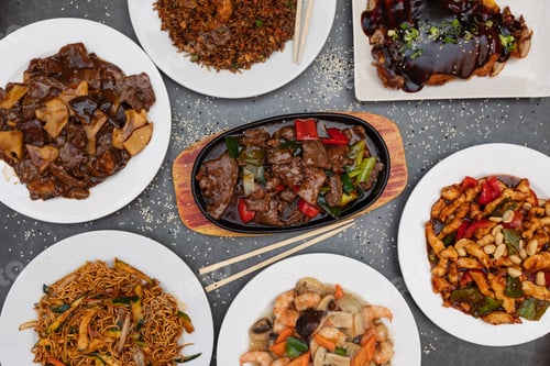 Preview: Assorted Chinese food. Chinese noodles, fried rice, dumplings, roast duck, yakisoba.