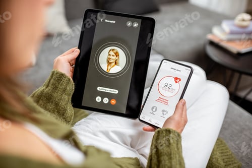 Preview: Woman calling a doctor from home. Online medicine concept