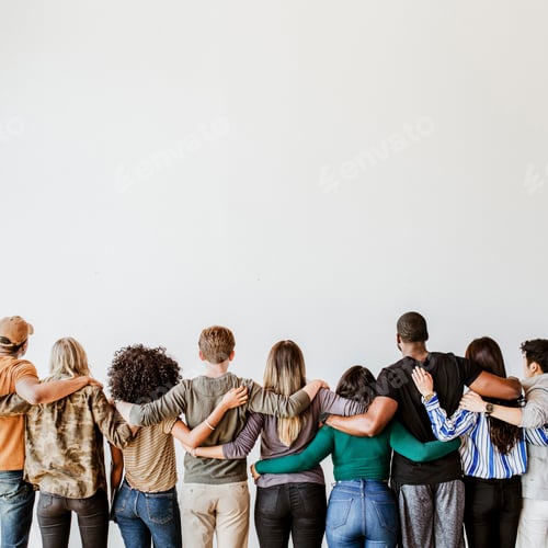 Preview: Rearview of diverse people hugging each other