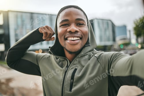 Preview: Fitness, selfie or happy black man with muscle smiles with pride after training, exercise or workou