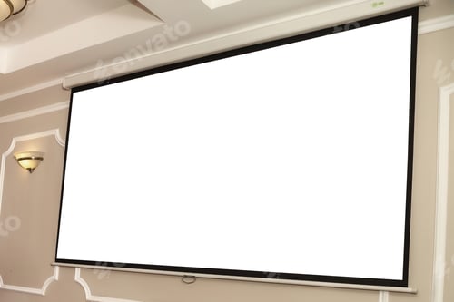 Preview: Large projection screen on beige wall, presentation board, blank whiteboard on conference
