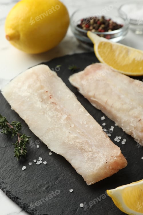 Preview: Fresh raw cod fillets, spices and lemon on white table, closeup
