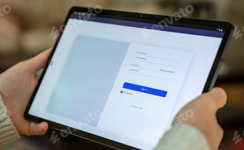 Preview: Sign in with email and password, digital tablet screen. Male hand hold mobile device