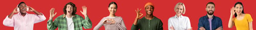 Preview: Set of multiethnic people posing on red, grimacing and gesturing