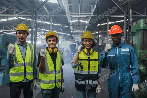 Preview: teamwork of engineer and worker team in industry wearing safety helmet and uniform