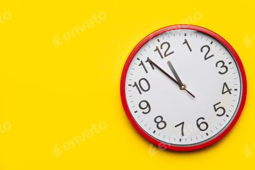 Preview: Huge red clock on yellow background.